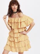 Shein Yellow Checkered Layered Ruffle Off The Shoulder Dress