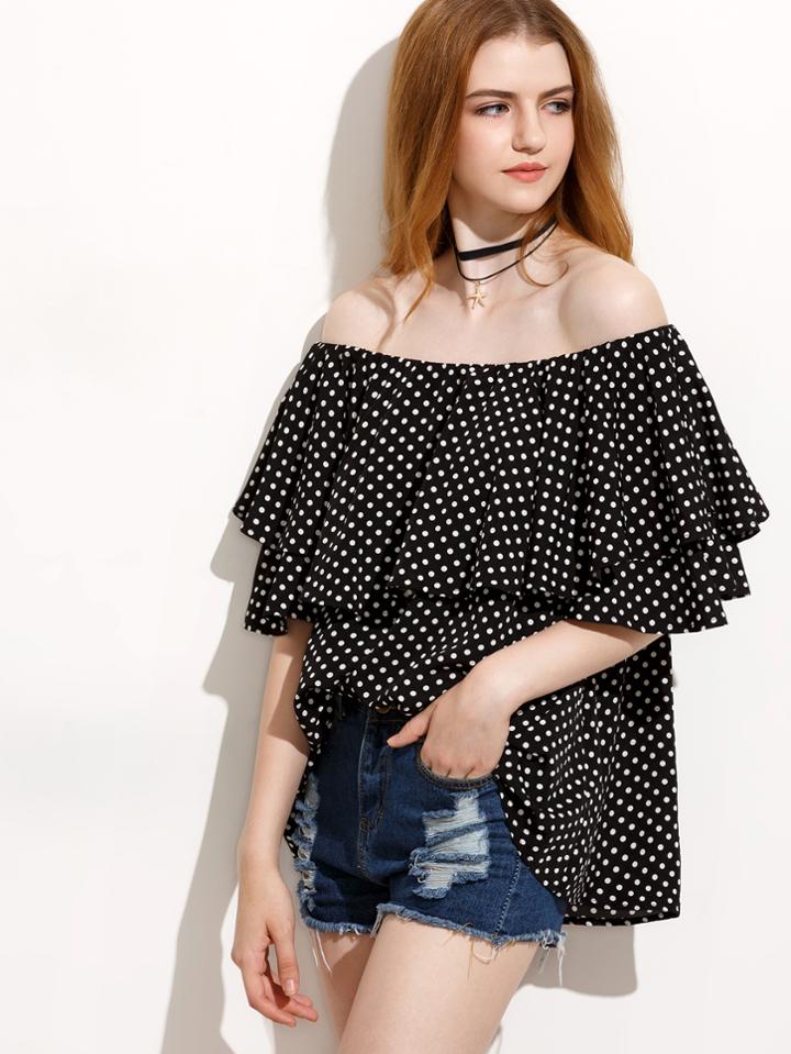 Shein Black Polka Dot Ruffle Off The Shoulder Blouse
