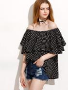 Shein Black Polka Dot Ruffle Off The Shoulder Blouse