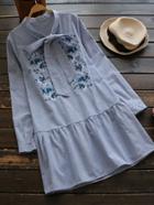 Shein Bow Tie Neck Frill Hem Embroidery Pinstriped Dress