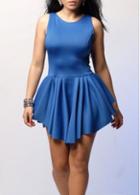 Rosewe Summer Essential Round Neck Sleeveless Solid Blue Dress