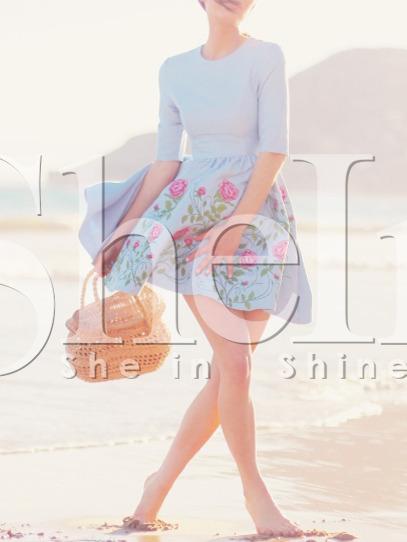 Shein Light Blue Half Sleeve Flower Print Pleated Dress