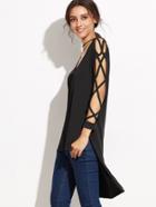 Shein Black V Neck Lattice Sleeve High Low T-shirt