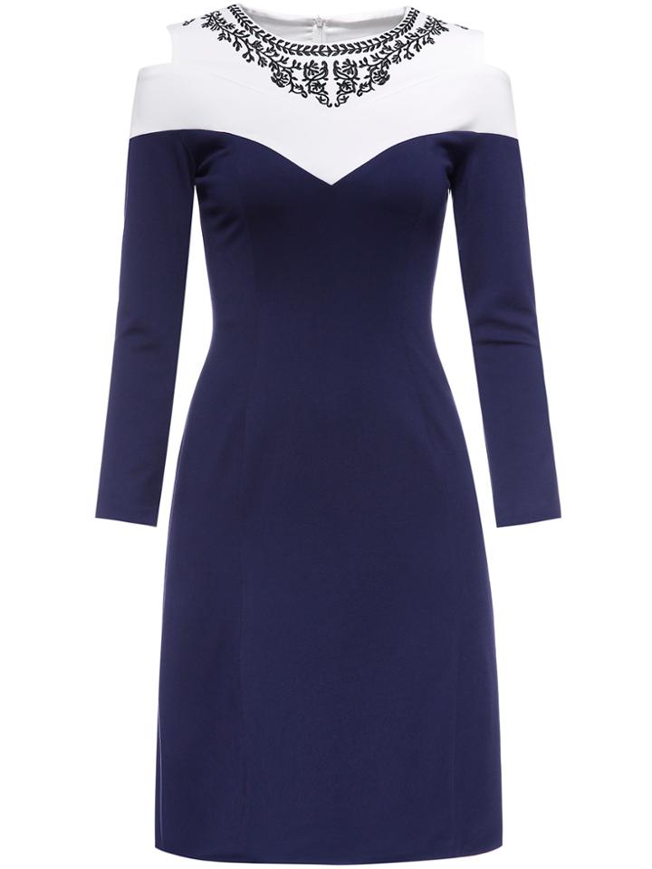 Shein Blue Open Shoulder Embroidered Sheath Dress