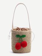 Shein Beige Cherry Detail Straw Bucket Bag With Drawstring