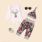 Shein Toddler Girls Elk Jumpsuit & Floral Pants & Hat