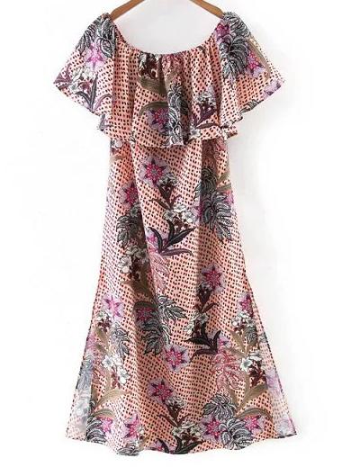 Shein Multicolor Boat Neck Split Side Floral Print Midi Dress