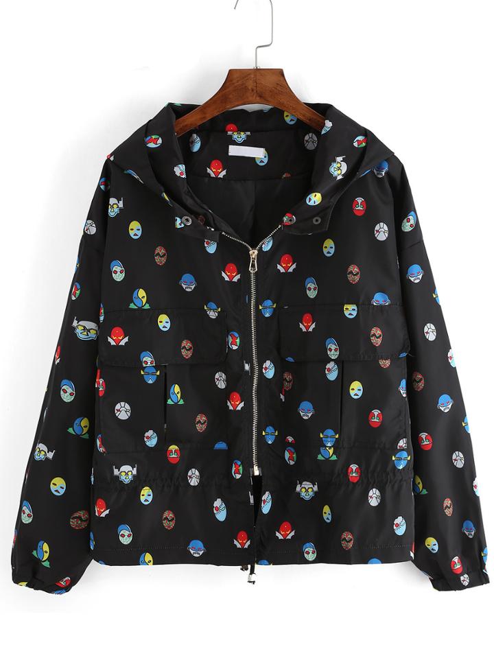 Shein Black Hooded Cartoon Print Loose Coat