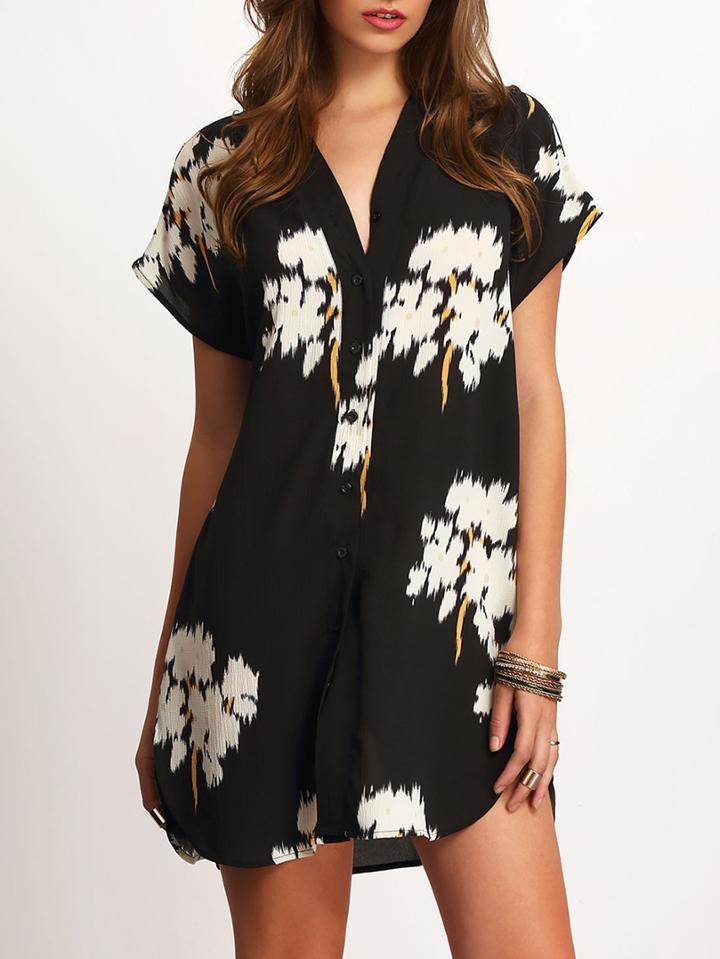 Shein V-neck Floral Print Dolphin Hem Dress