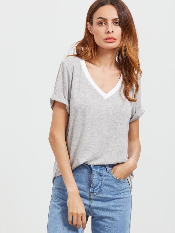Shein Heather Grey Contrast V Neck Short Sleeve T-shirt