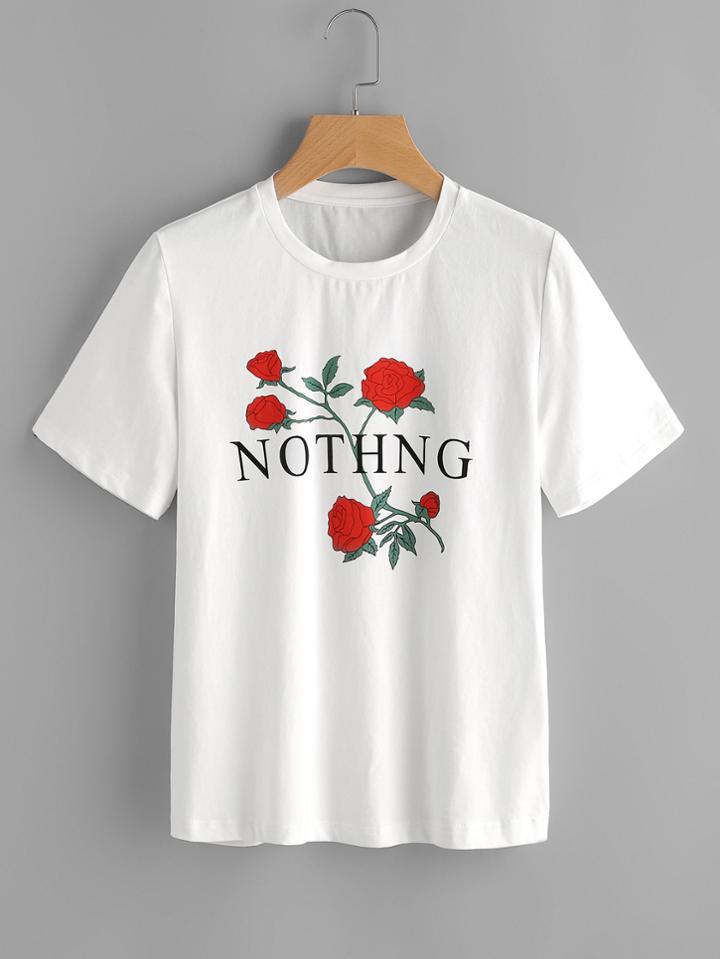 Shein Rose Print Short Sleeve Tee