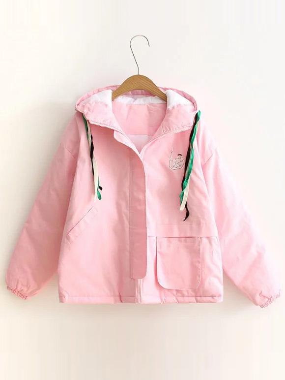 Shein Pink Embroidery Quilted Hooded Coat With Pocket