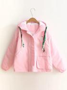 Shein Pink Embroidery Quilted Hooded Coat With Pocket