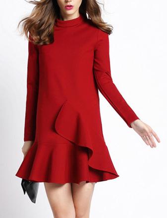 Shein Red Stand Collar Ruffle Slim Dress