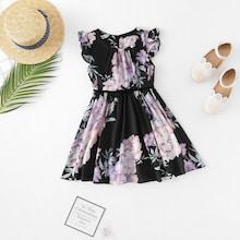 Shein Girls Pleated Neck Ruffle Trim Dress