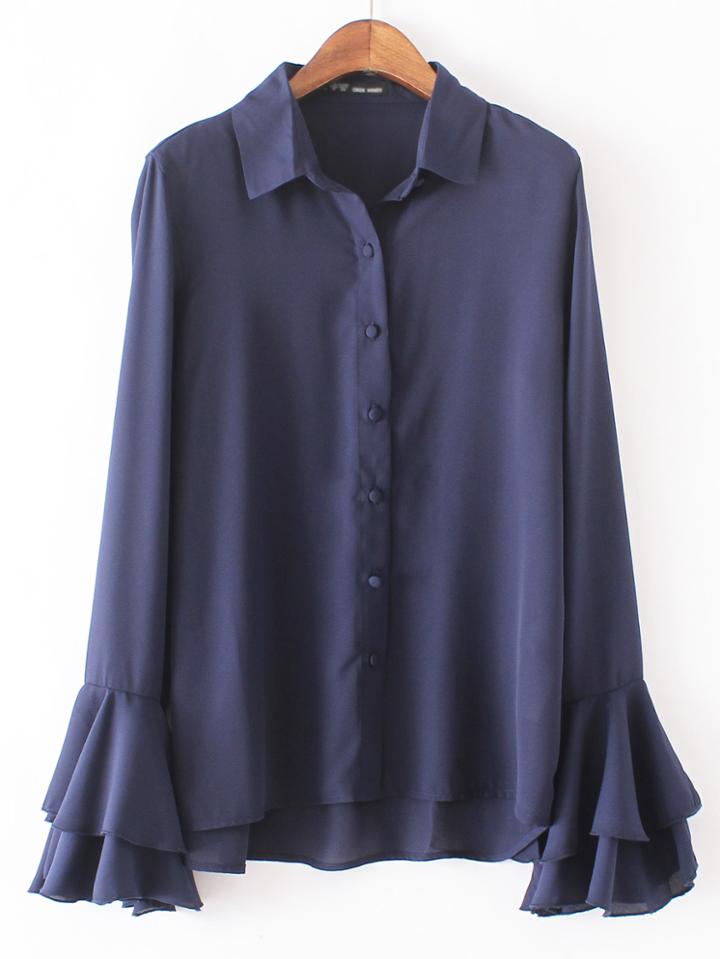Shein Navy Lapel Bell Sleeve Buttons Blouse