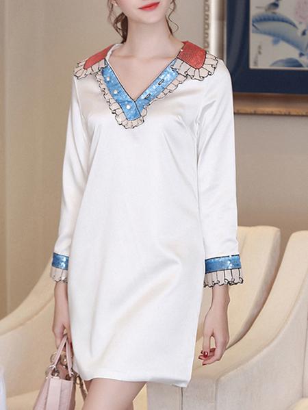 Shein White V Neck Sequined Pockets Shift Dress