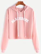 Shein Pink Hooded Letter Print Raw Hem Crop Sweatshirt