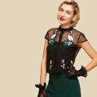 Shein Embroidered Lace Trim See Through Crop Top