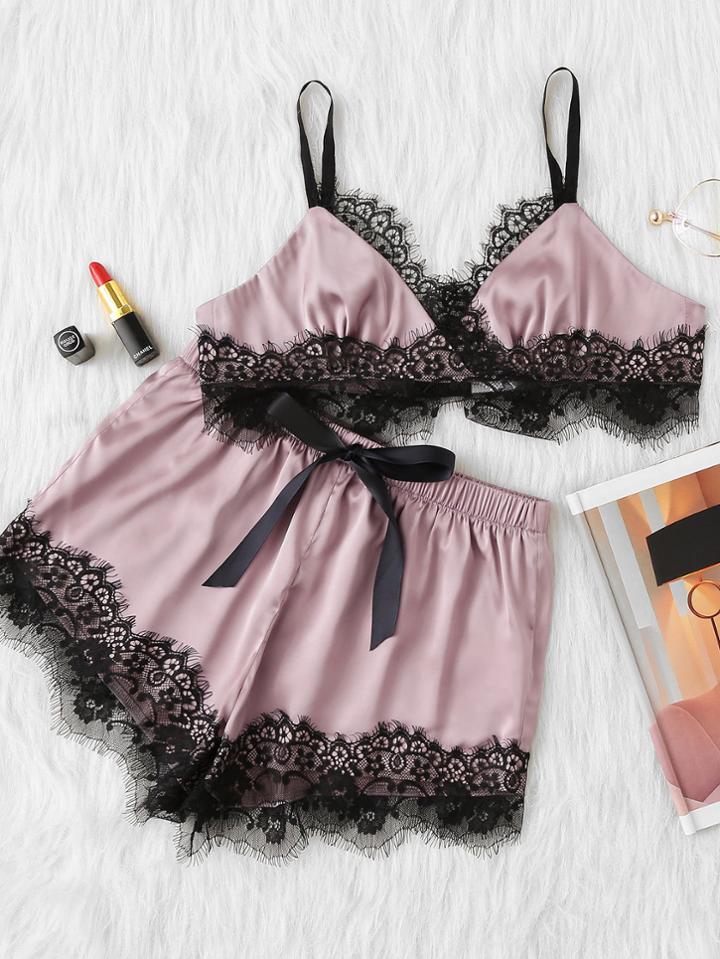 Shein Scalloped Eyelash Lace Crop Cami Top & Short Pajama Set