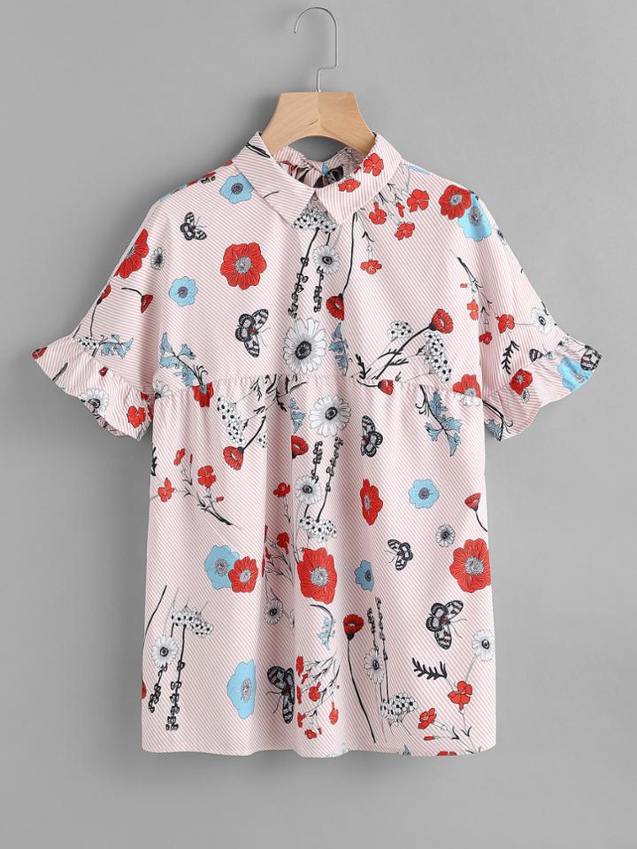 Shein Ruffle Sleeve Striped Floral Tie Back Babydoll Top