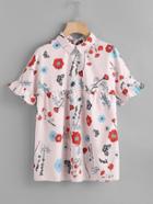 Shein Ruffle Sleeve Striped Floral Tie Back Babydoll Top