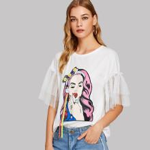 Shein 3d Applique Layered Mesh Sleeve Figure Tee