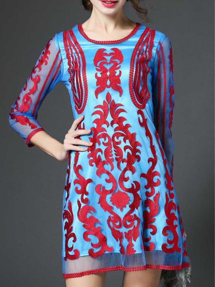 Shein Blue Sheer Gauze Disc Flowers Shift Dress