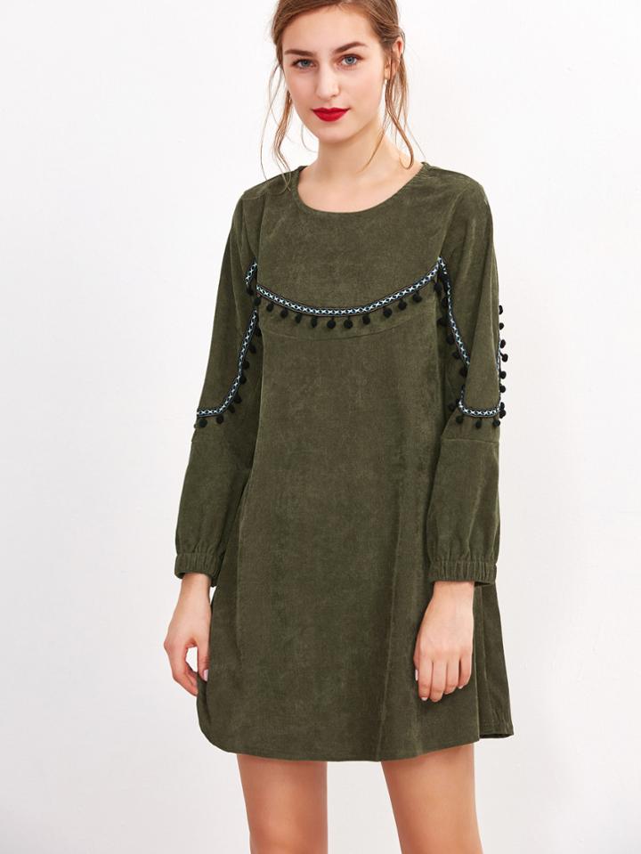 Shein Army Green Corduroy Pom Pom Dress
