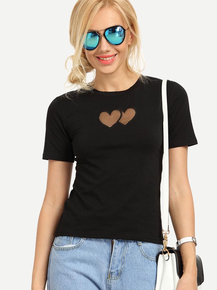 Shein Black Mesh Heart Front T-shirt