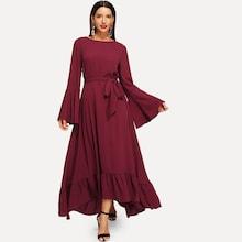 Shein Waist Belted Ruffle Hem Bell Sleeve Dress