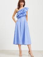 Shein Oblique Shoulder Vertical Striped Layered Ruffle Dress