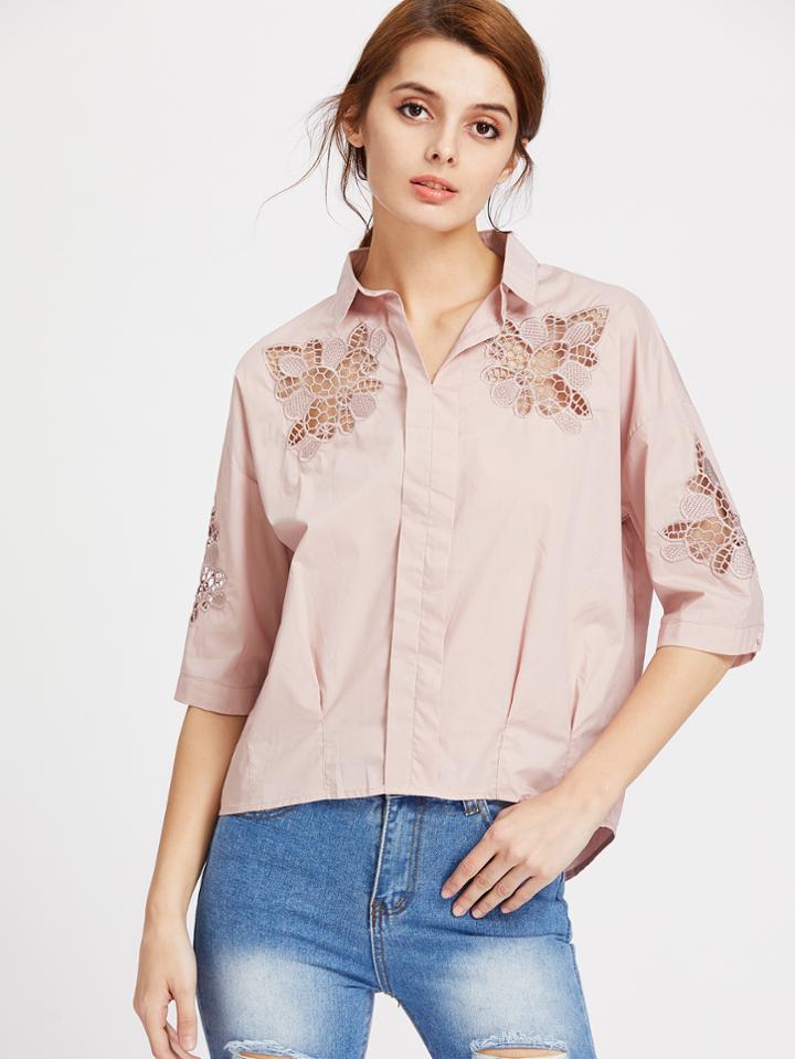 Shein Eyelet Lace Insert Pleat Placket Blouse