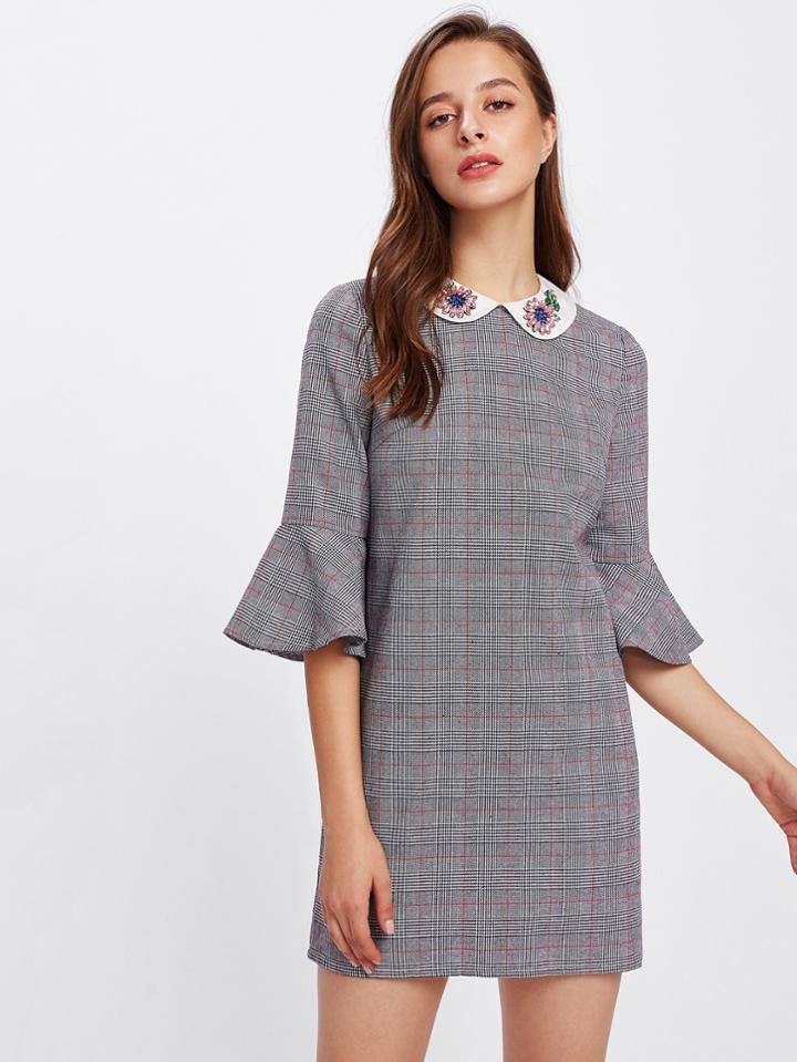 Shein Rhinestone Embellished Collar Trumpet Sleeve Plaid Dress