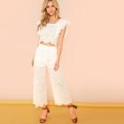 Shein Eyelet Embroidered Ruffle Detail Tee & Pants Set