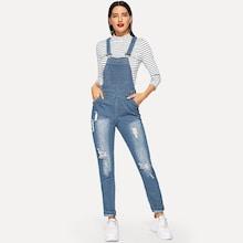 Shein Slant Pocket Bleach Wash Ripped Denim Jumpsuit