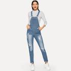 Shein Slant Pocket Bleach Wash Ripped Denim Jumpsuit