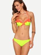 Shein Contrast Ruffle Bikini Set - Fluorescent Yellow