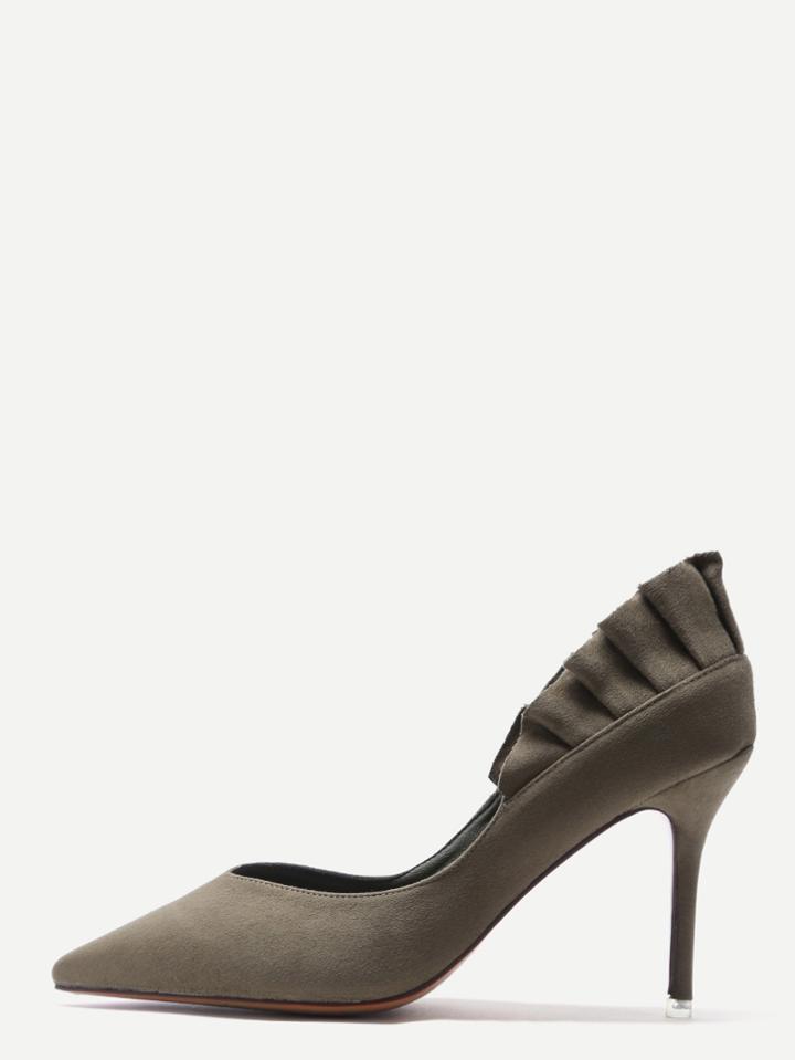 Shein Dark Olive Green Suede Point Toe Flounce Trim Stiletto Heels