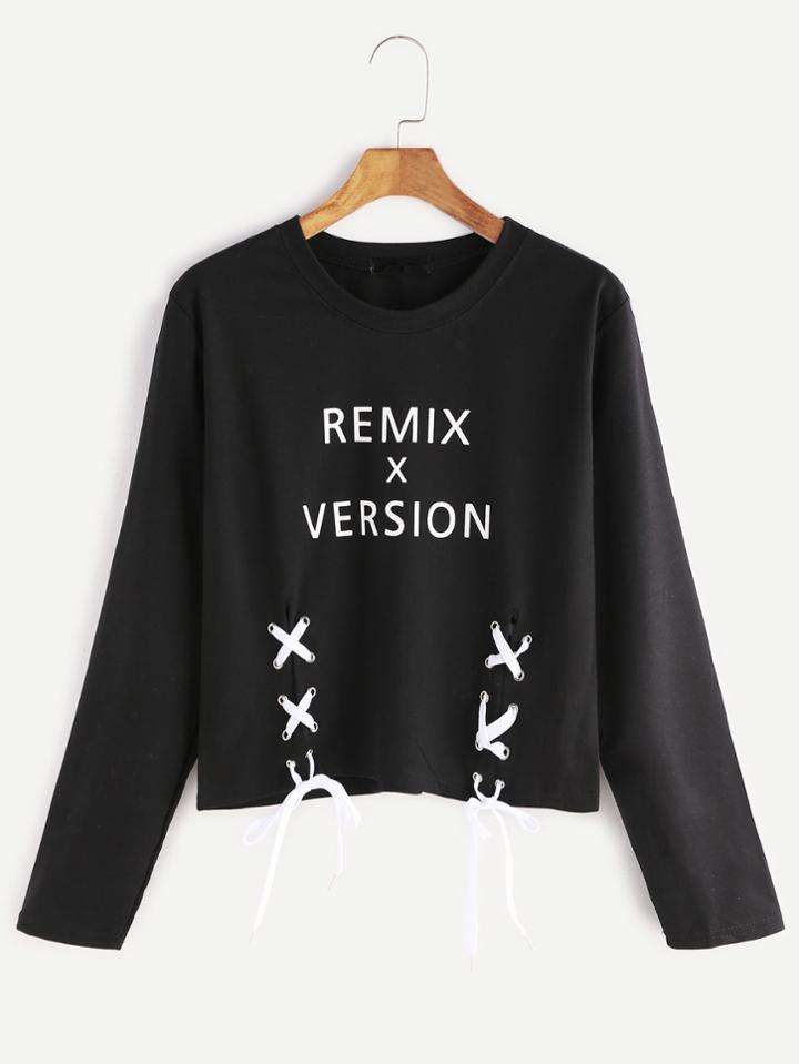 Shein Black Letter Print Eyelet Lace Up Hem T-shirt