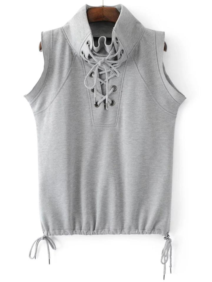 Shein Grey Eyelet Lace Up Sleeveless T-shirt
