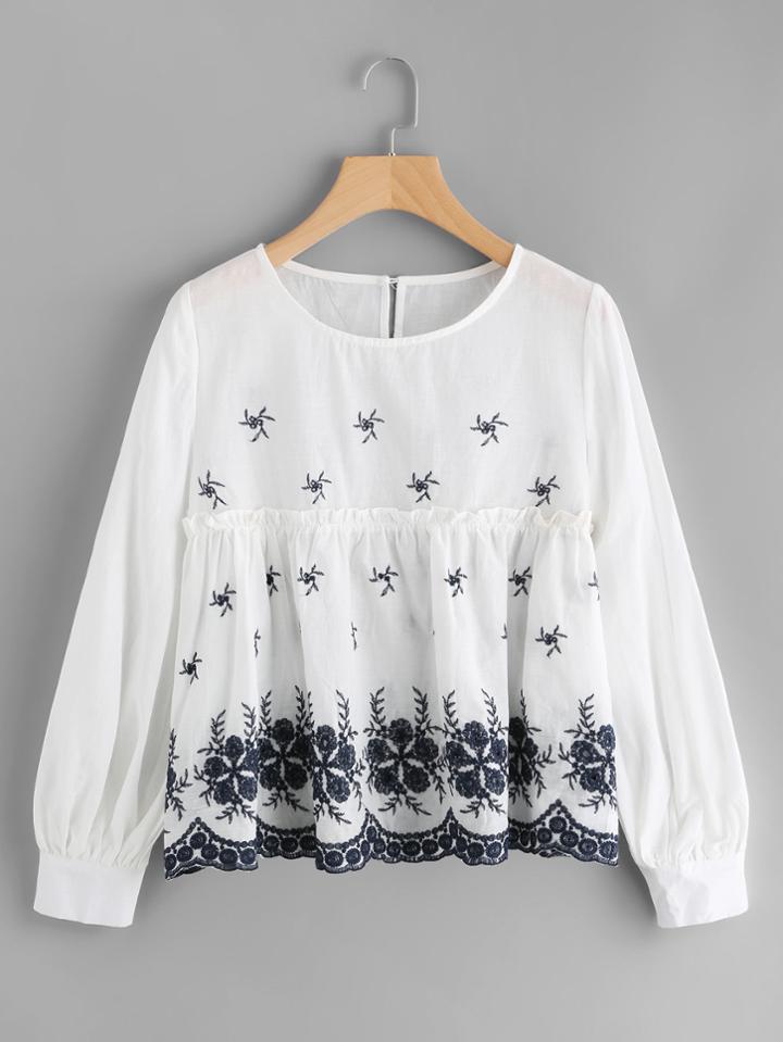 Shein Frill Trim Scallop Hem Embroidered Smock Top