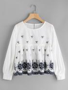 Shein Frill Trim Scallop Hem Embroidered Smock Top