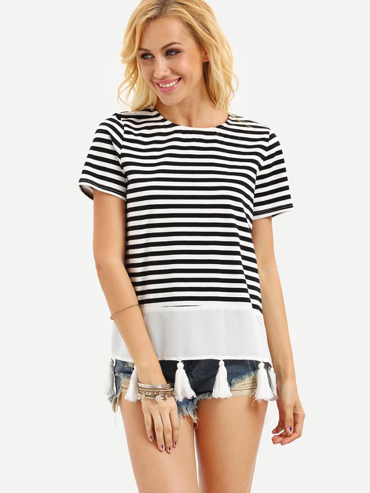 Shein Black And White Striped Short Sleeve Fringe T-shirt