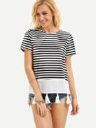 Shein Black And White Striped Short Sleeve Fringe T-shirt