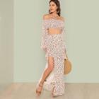Shein Flower Print Halter Crop Top & Slit Skirt Set