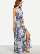 Shein Multicolor Print Halter Backless Split Maxi Dress