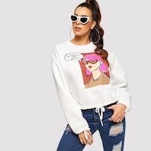 Shein Letter & Figure Print Drawstring Drop Shoulder Sweatshirt