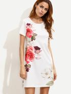 Shein White Flower Print Short Sleeve Dress