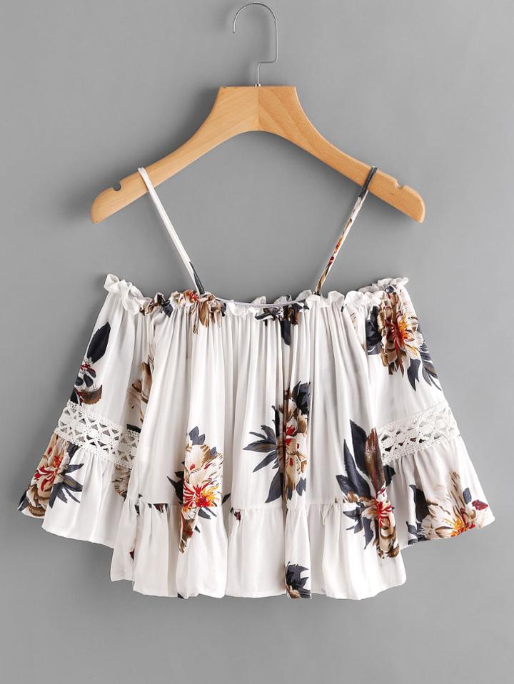 Shein Flounce Hem Open Shoulder Florals Top